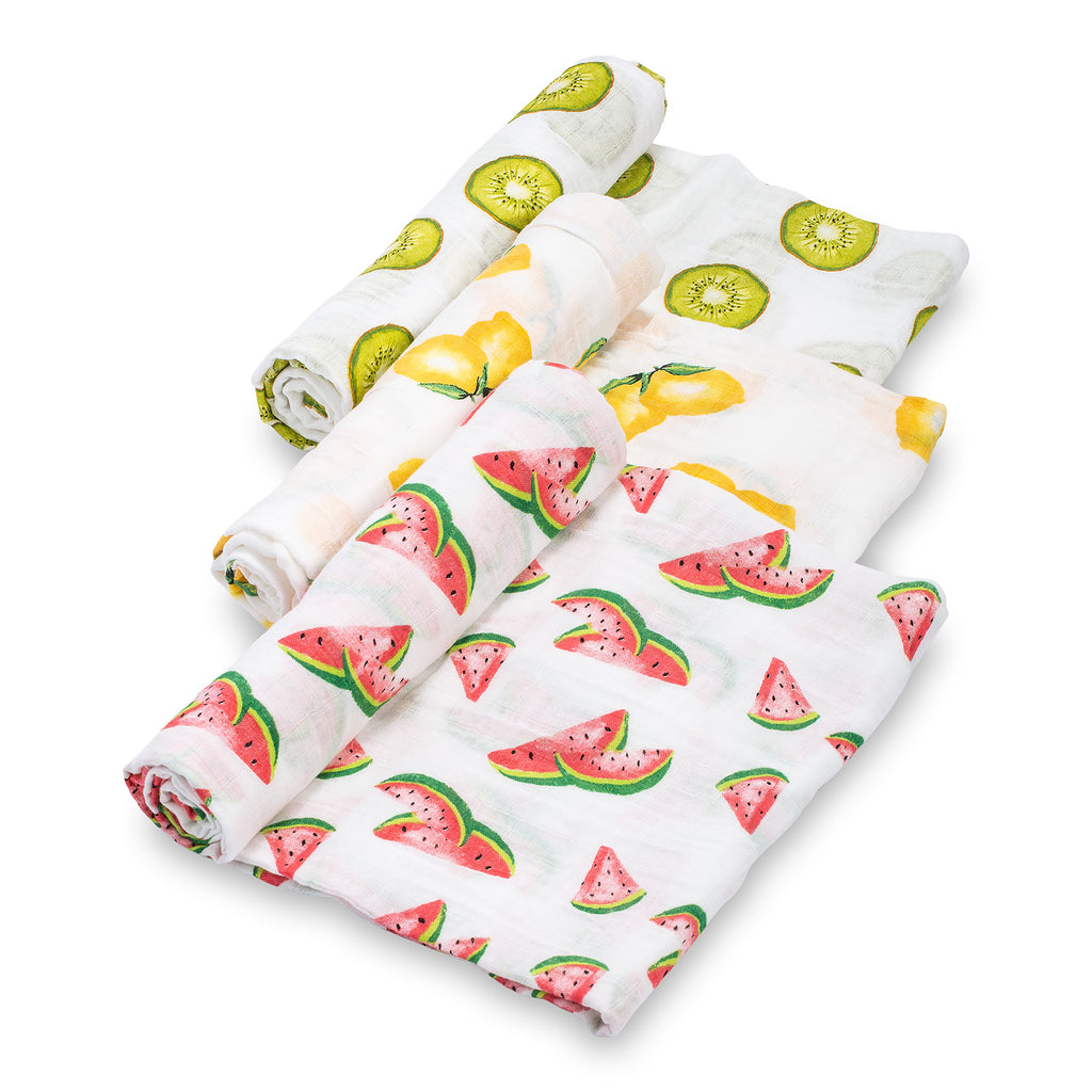 baby muslin red watermelon yellow lemon green kiwi 3pk swaddle set blanket girls babies cotton fruit