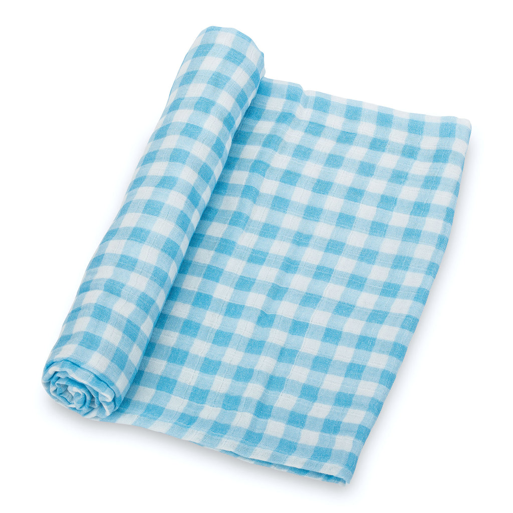 Classic Comfort: 47" x 47" Blue Gingham Muslin Swaddle Blanket - A detailed view highlighting the timeless and charming gingham pattern.