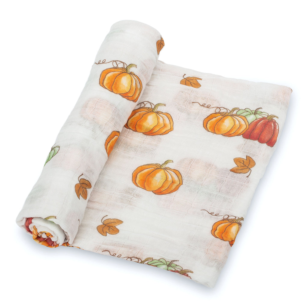 Close-Up View: Clear Details of the 100% Muslin Cotton Pumpkin Swaddle Blanket - 47" x 47", showcasing the intricate pumpkin design and the soft texture of this seasonal baby blanket.