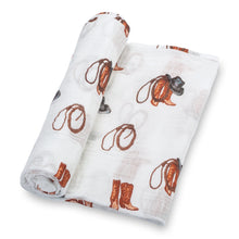 Load image into Gallery viewer, baby muslin brown cowboy boots swaddle blanket boys babies cotton swaddel swoddle wraps swadle 

