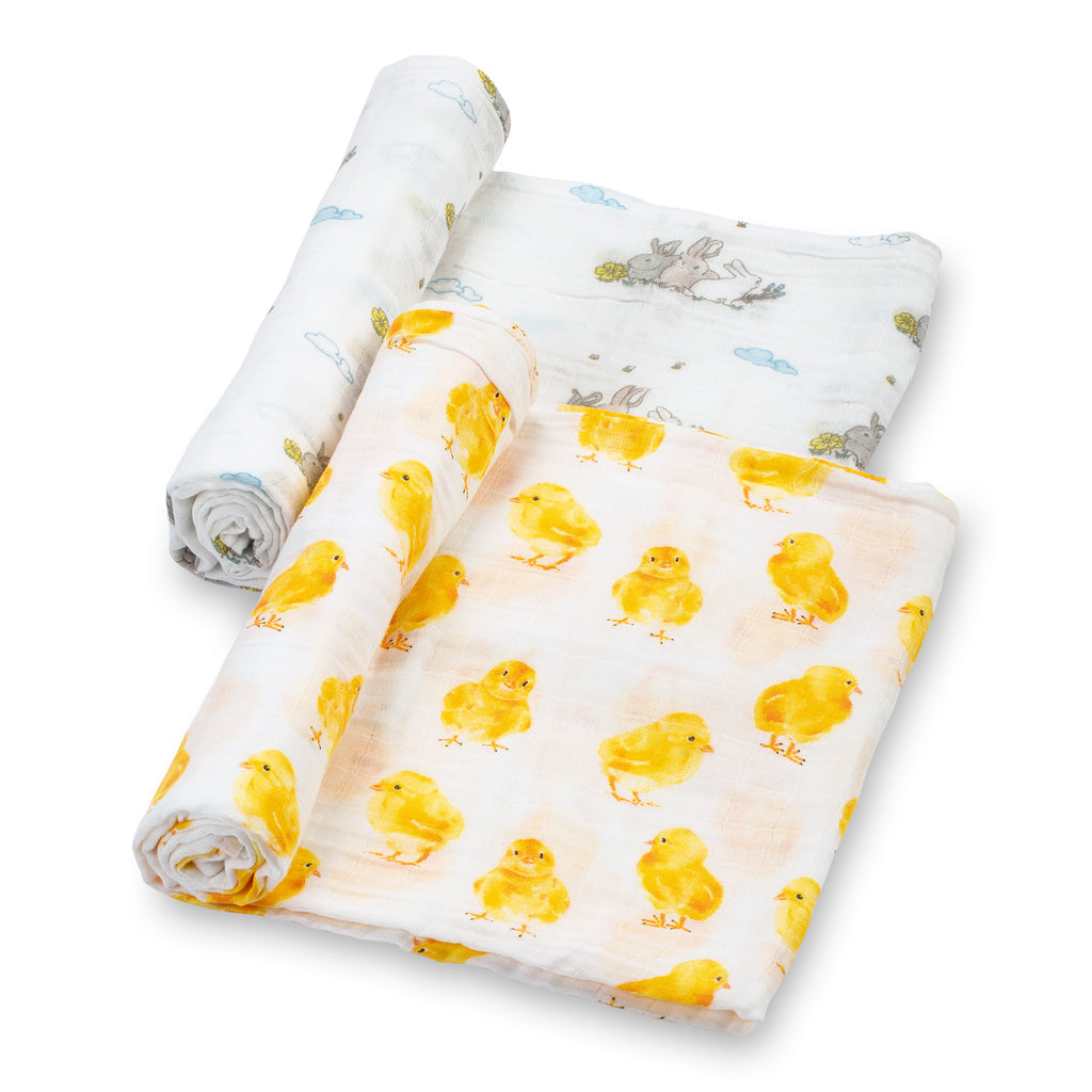 baby muslin yellow chick grey rabbit 2 pk swaddle set blanket cute babies cotton swaddel swadle 