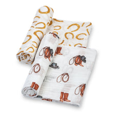 Load image into Gallery viewer, baby muslin brown cowboy boot yellow horseshoe 2pk swaddle set blanket boys babies cotton swaddel
