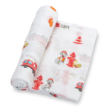 Load image into Gallery viewer, baby muslin red grey brown fireman police dog animal 2pk swaddle set blanket babies cotton swaddel
