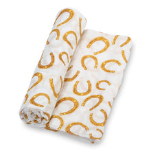 Load image into Gallery viewer, baby muslin brown yellow horseshoe swaddle blanket boysbabies cotton swaddel wraps swadle 

