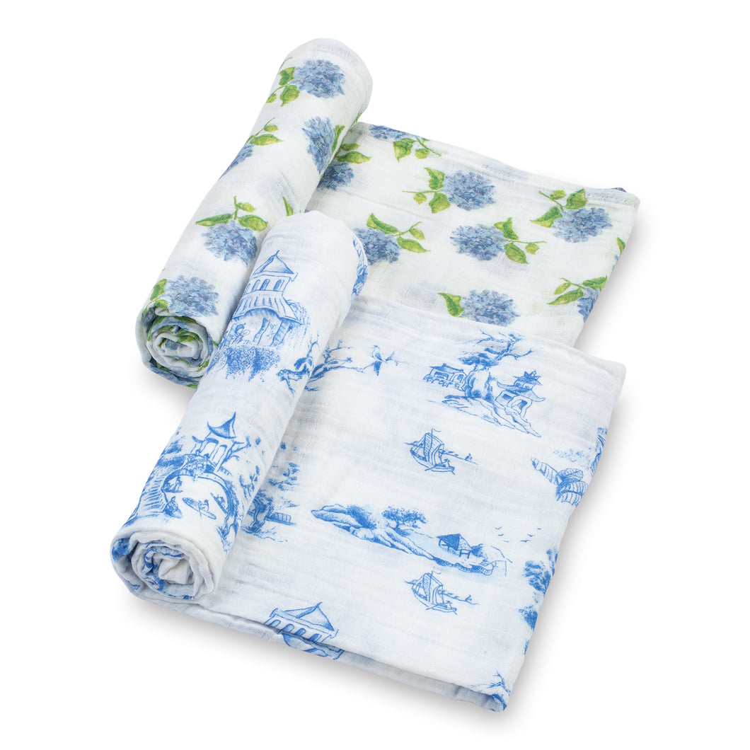 baby muslin blue chinoiserie art hydrangea flower 2pk swaddle set blanket girls cotton swaddel wraps