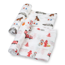 Load image into Gallery viewer, baby muslin red grey brown fireman police dog animal 2pk swaddle set blanket babies cotton swaddel
