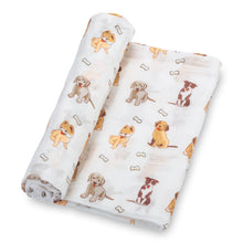 Load image into Gallery viewer, baby muslin brown puppy green 2pk swaddle set blanket girls babies cotton swaddel wraps swadle 
