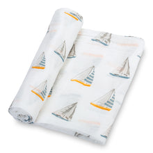 Load image into Gallery viewer, baby muslin grey sailboat swaddle blanket girls babies cotton swaddel swoddle wraps swadle boys
