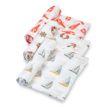 Load image into Gallery viewer, baby muslin grey sailboat brown rudder anchor red lobster 3pk swaddle set blanket babies boy cotton
