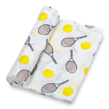 Load image into Gallery viewer, baby muslin blue yellow tennis sport swaddle blanket girls babies cotton swaddel wraps swadle 
