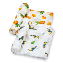 Load image into Gallery viewer, baby muslin blue toucan orange pineapple 2pk swaddle set blanket girls babies cotton swaddel swoddle
