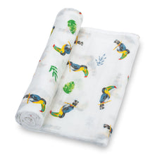 Load image into Gallery viewer, baby muslin blue toucan green swaddle blanket girls babies cotton swaddel swoddle wraps swadle 
