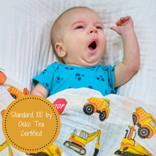 Load image into Gallery viewer, baby muslin yellow orange red construction swaddle blanket boys babies cotton swaddel wraps swadle 
