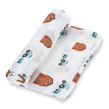 Load image into Gallery viewer, baby muslin brown barn blue tractor swaddle blanket boys babies cotton swaddel swoddle wraps swadle 
