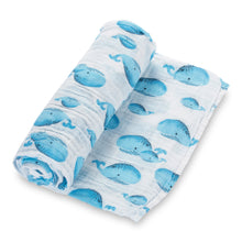 Load image into Gallery viewer, baby muslin blue whale swaddle blanket girls babies cotton swaddel swoddle wraps swadle boys cute
