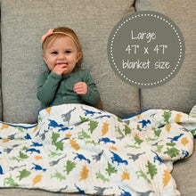 Load image into Gallery viewer, baby muslin blue green dinosaur quilt blanket babies cotton quikt quilf boys cute dino dinos animal
