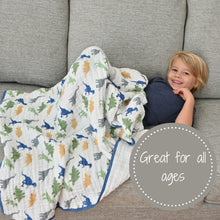 Load image into Gallery viewer, baby muslin blue green dinosaur quilt blanket babies cotton quikt quilf boys cute dino dinos animal
